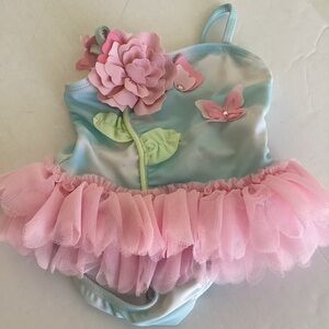 Kate Mack Girls Swimsuit Size 6M Skirted Butterfly Sky Tulle Pink Blue Appliqué